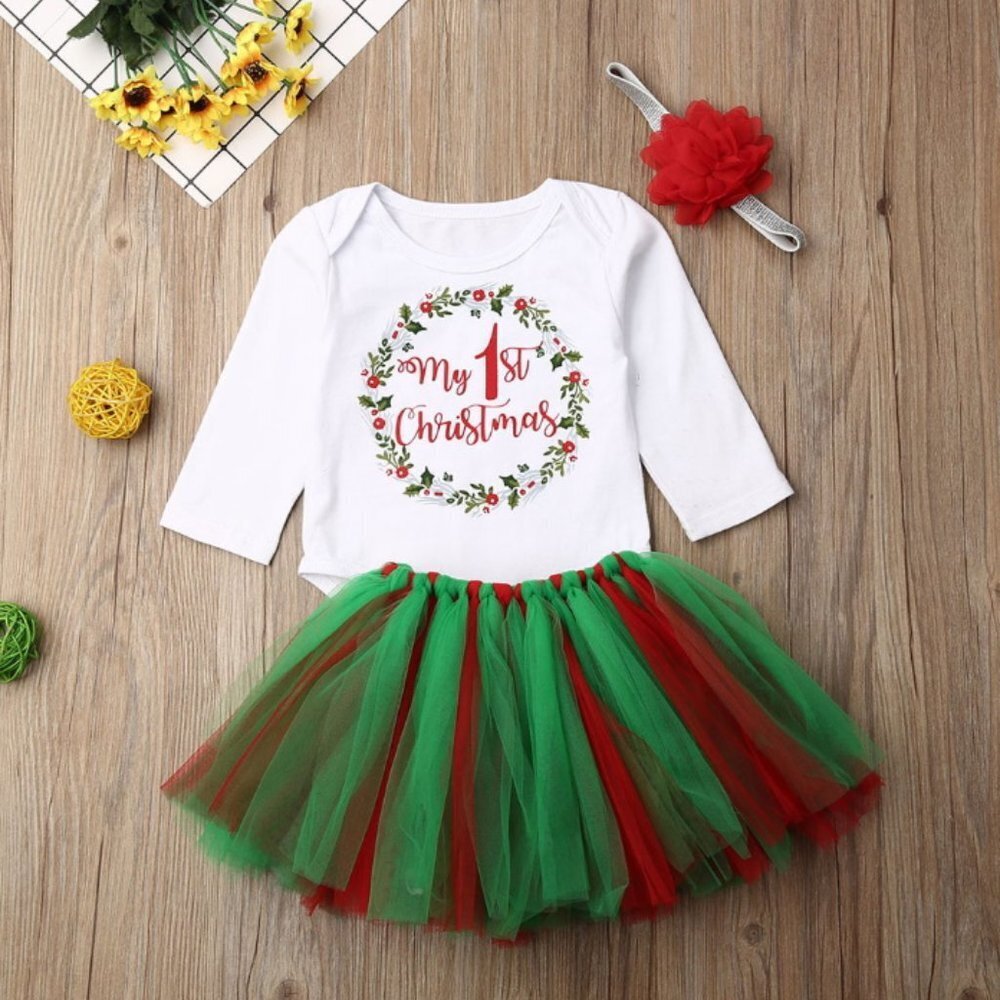 Girl girls baby 1st First Christmas Holidays onesie skirt bow red green cute new
